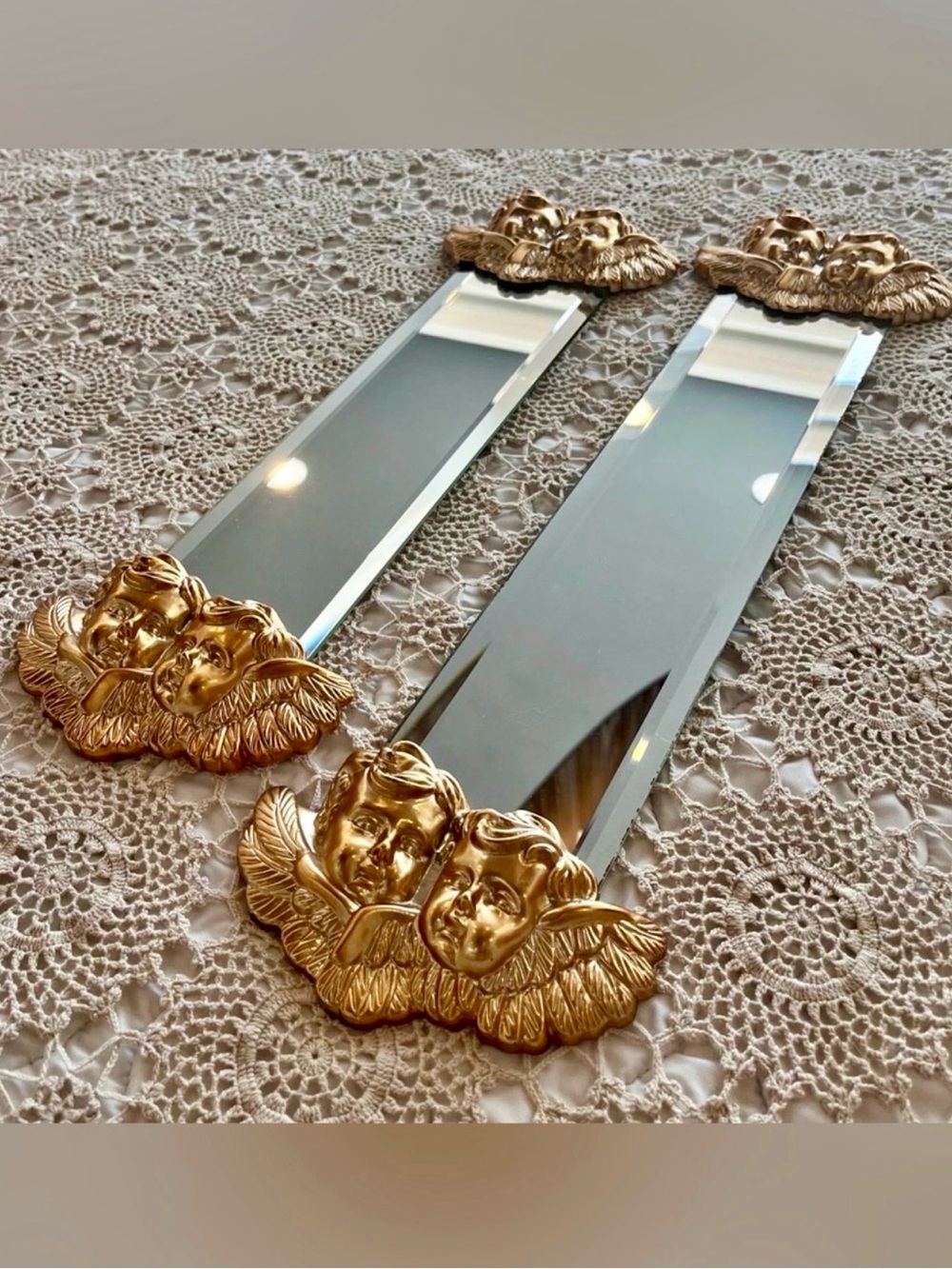 Set of 2 Hollywood Regency Ornate Gold Angel Cherub Rectangular Mirrors Wall Art